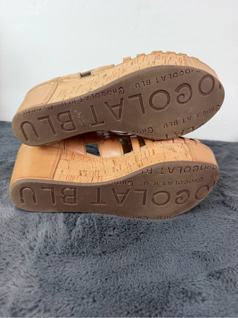 Chocolat Blu Women’s 7.5 Tan Leather Woven Cork Platform Wedge Sandals - Picture 9 of 12